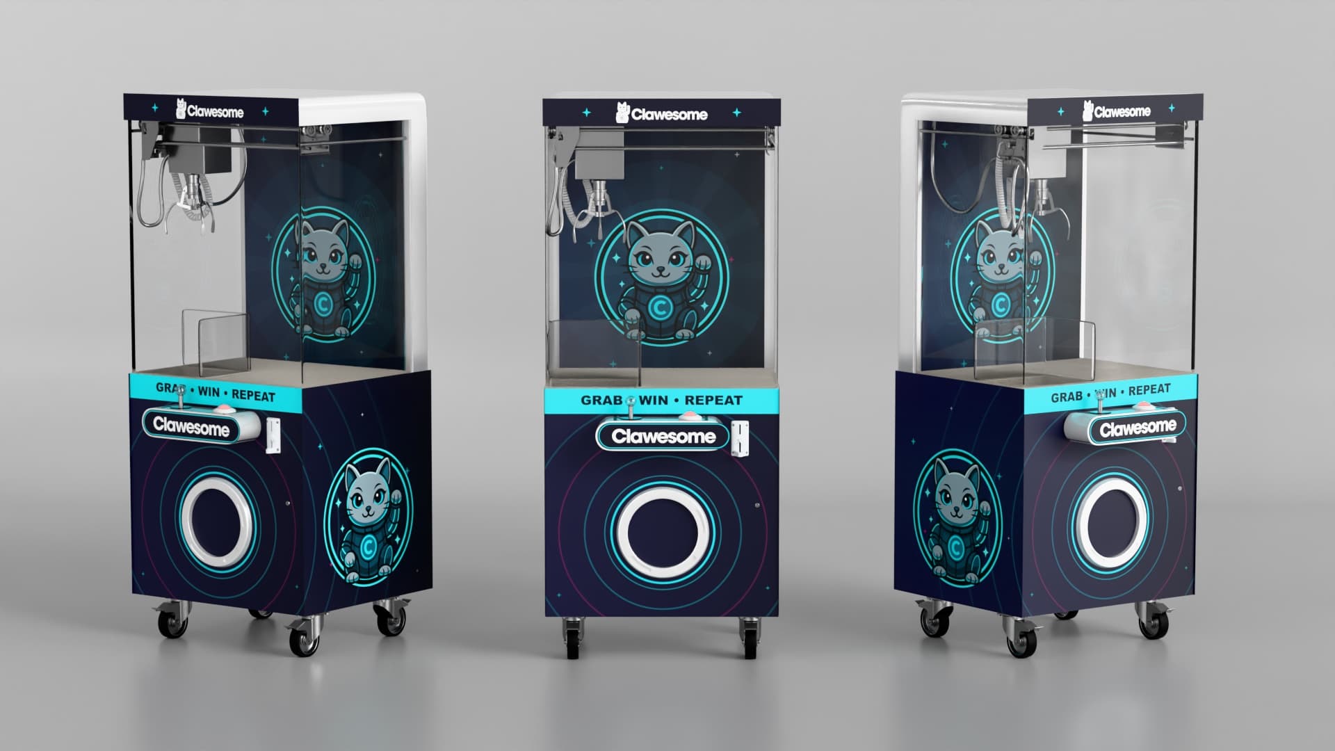 Photorealistic 3D mockup render of the branded machine from three angles