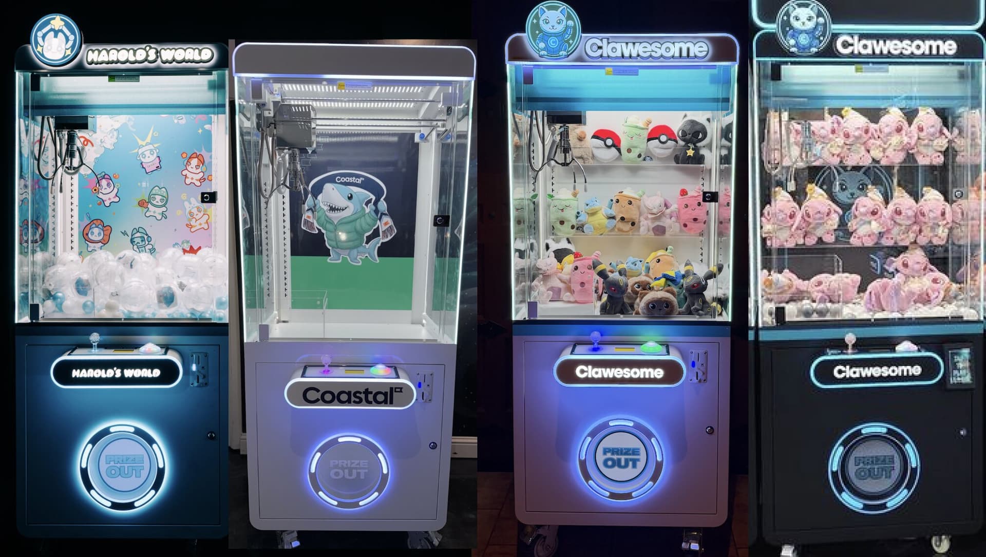 Custom branded claw machines featuring Harold's World, Coastal, and standard Clawesome machines