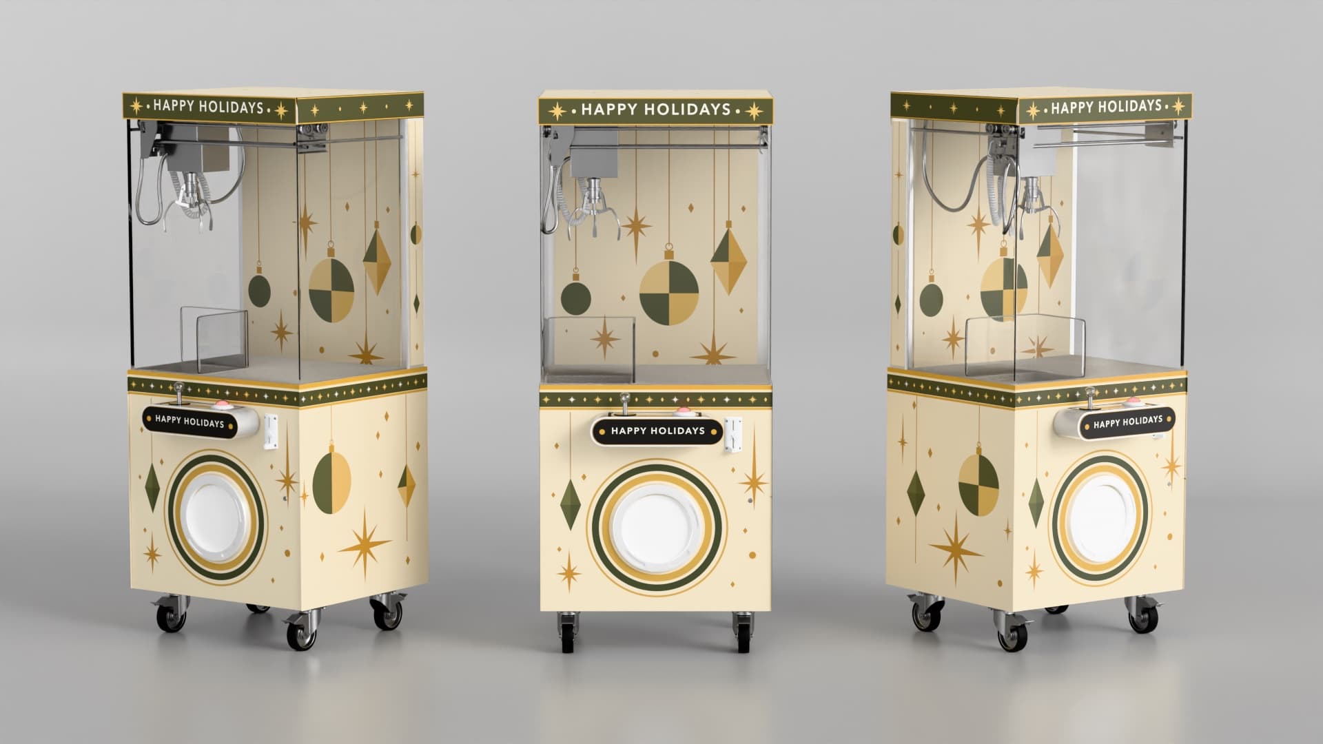 Happy Holidays wrapped claw machine in cream, gold, and green shown from three angles