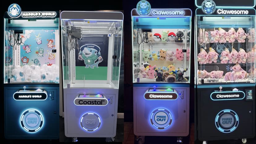 Custom branded claw machines featuring Harold's World, Coastal, and standard Clawesome machines